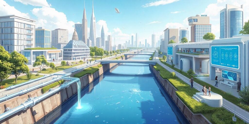 Futuristic cityscape featuring advanced water treatment technology, with sleek modern buildings, green parks, and smart water systems. Includes digital water meters, smart sensors, and automated treatment plants, all within a clean and dynamic urban environment.