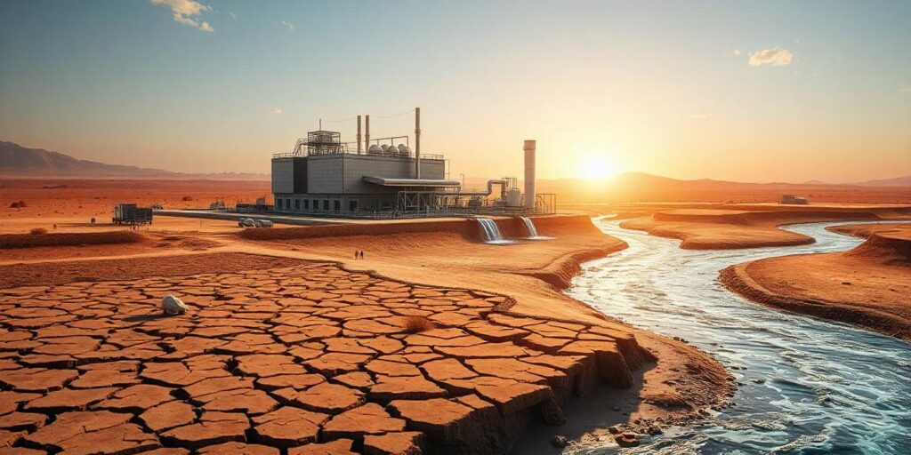 An image depicting the contrast between severe water scarcity and advanced water treatment solutions. The central scene shows a parched, cracked landscape with a dry riverbed and a struggling community. Surrounding this scene is a semi-transparent overlay of a modern water treatment facility, featuring advanced technologies like desalination units and wastewater recycling systems, providing clean, fresh water and rejuvenating the environment.