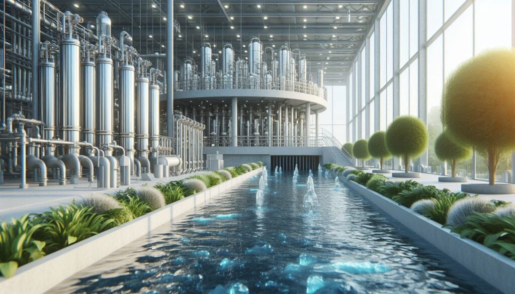 Close-up of crystal-clear water flowing through advanced filtration membranes in a futuristic industrial setting, symbolizing water treatment technology and sustainability.