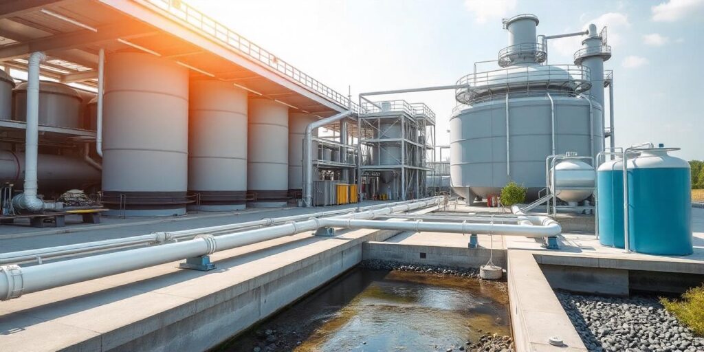 Modern industrial water treatment plant with advanced filtration systems and evaporators, showcasing the Zero Liquid Discharge (ZLD) process. The setup includes pipelines, tanks, and a water recycling system under a clear sky, symbolizing sustainability and a clean environment.