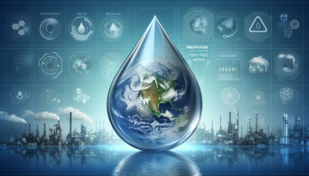 Image showing a clean water droplet with a reflection of the Earth, surrounded by fading images of industrial contamination symbolizing PFAS, with the text overlay: 'Innovative Solutions for PFAS-Free Water: The Future of Clean Water'.