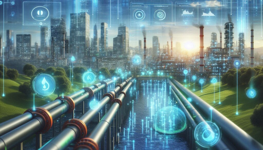 A futuristic cityscape featuring a modern water treatment facility powered by digital technology, showcasing IoT sensors embedded in pipelines, real-time data analytics, and AI-driven systems that monitor water quality and flow in a sustainable, eco-friendly urban environment.