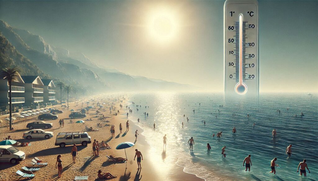 Beach scene under a scorching sun, with a few people bathing to cool off from extreme heat. The thermometer shows dangerously high temperatures, highlighting the impact of climate change on water availability.