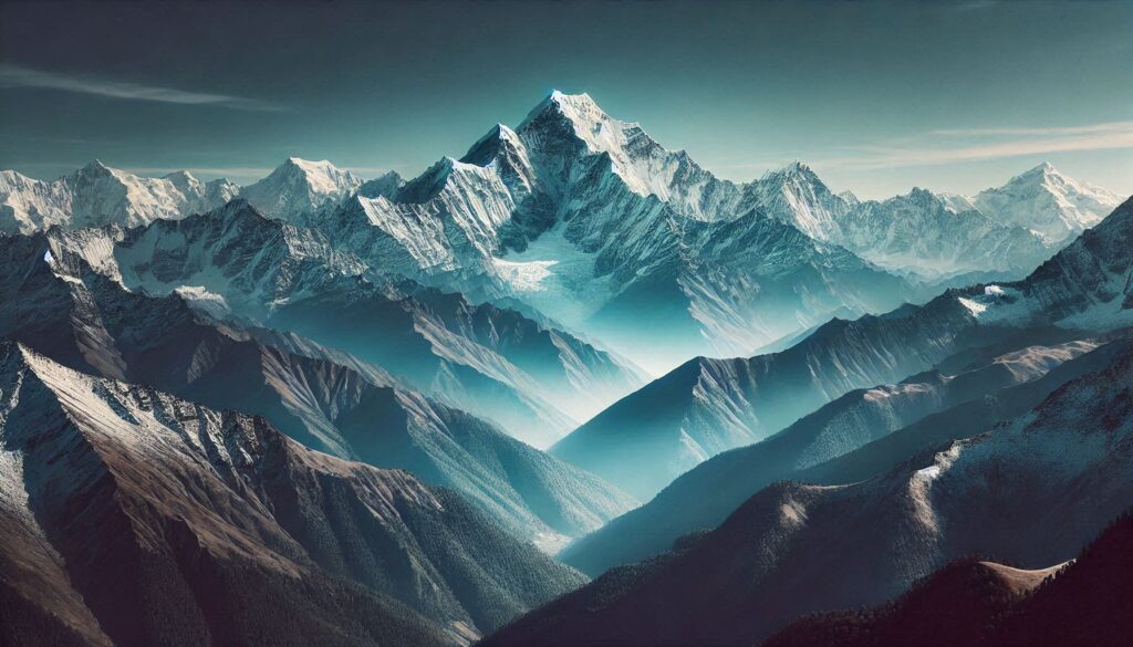 A stunning view of the Himalayan glaciers with snow-capped peaks, lush green valleys, and rivers flowing across the earth, highlighting the beauty and importance of glaciers.