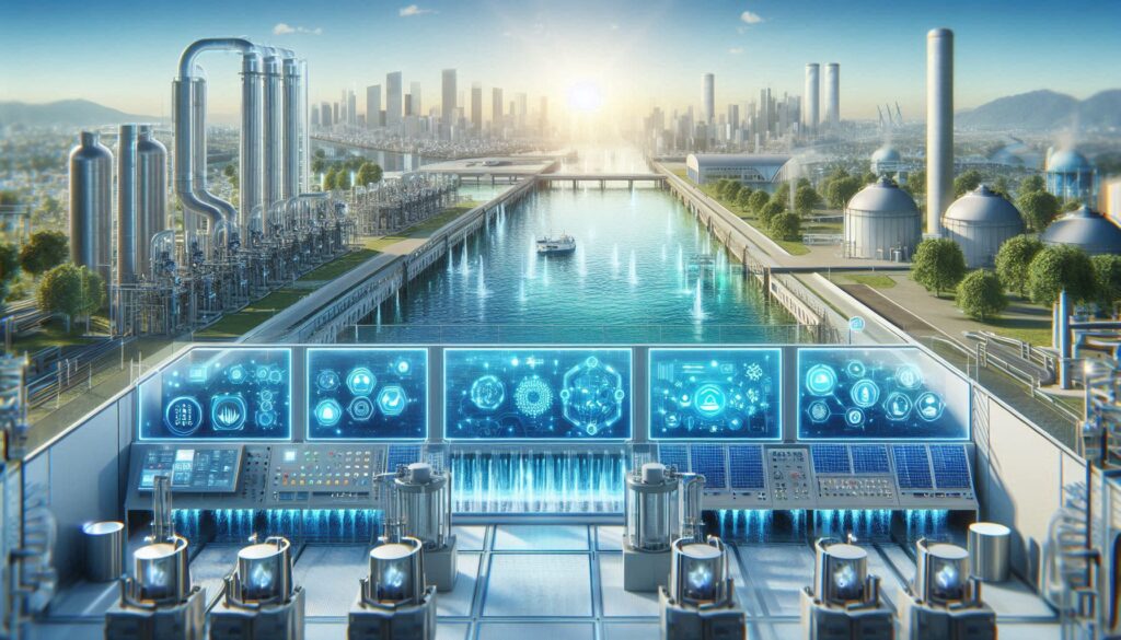 Futuristic water treatment plant with AI-driven systems, advanced filtration, and solar-powered desalination units, symbolizing the future of sustainable water management in 2025.