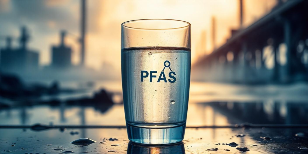 A modern water filtration system filtering out PFAS chemicals, with a clear stream of purified water flowing against a background of polluted water containing PFAS symbols.