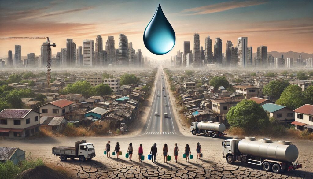 An urban landscape depicting the water crisis, with a giant dried-up water droplet above a less crowded city, empty streets, and people carrying water containers.