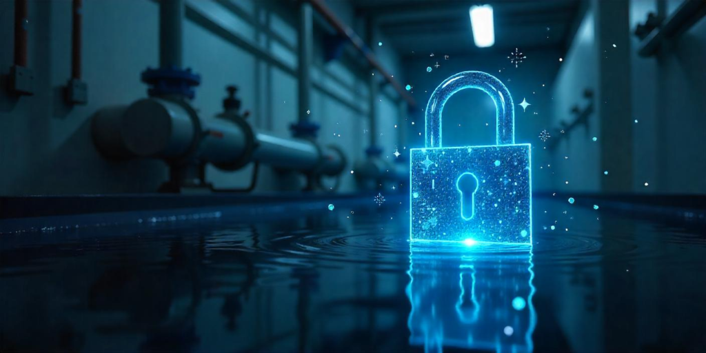 Cybersecurity protection at a water treatment facility with a glowing shield icon overlaid on pipes and filtration systems, symbolizing the safeguarding of critical infrastructure.