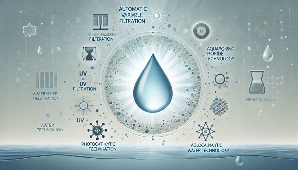 Clear water droplet surrounded by icons representing advanced water treatment technologies like filtration, UV purification, desalination, and nanotechnology, with a minimalistic blue and green background.