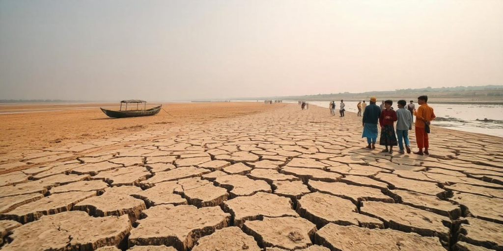 Cracked riverbed and dried-up reservoir depicting India's worsening water crisis due to climate change.