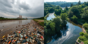 Side-by-side image showing water pollution: one side with a polluted river full of plastic waste, the other with a clean, restored river, highlighting pollution's impact and solutions.