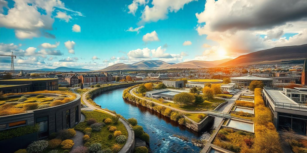 A sustainable water management system in Scotland featuring clean rivers, green spaces, and advanced flood prevention infrastructure.