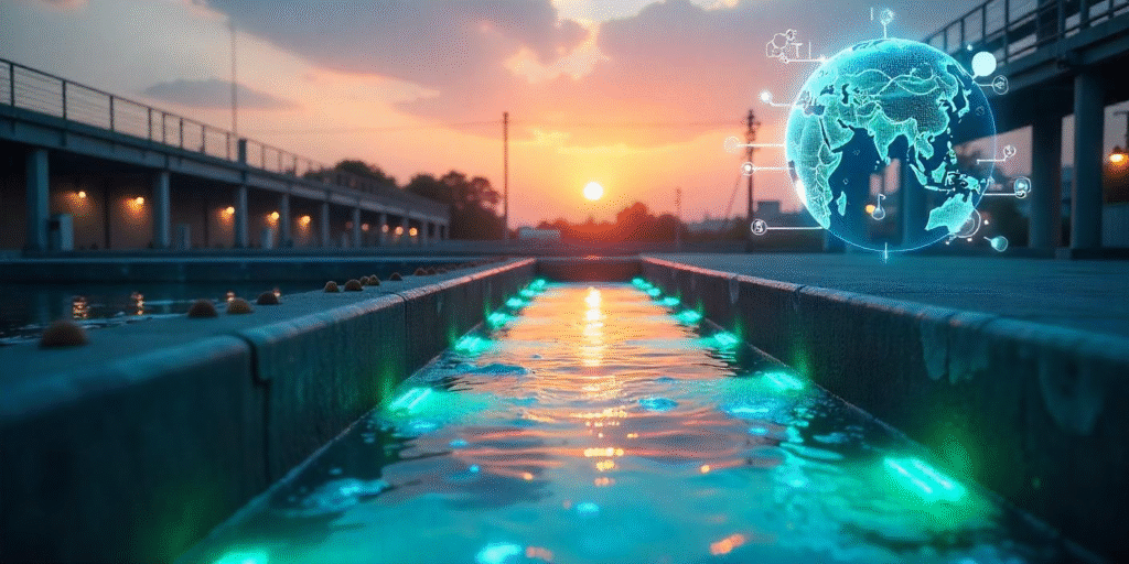 A futuristic smart city at dawn with clear waterways, glowing eco-friendly wastewater treatment hubs, drones, and digital holograms showing real-time water data, representing China’s leadership in advanced water technology.
