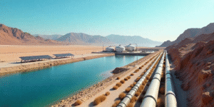 Modern desalination plant by the Red Sea in Aqaba, Jordan, with pipelines extending through arid desert landscape, symbolizing sustainable water solutions.