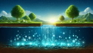 Nanoremediation process showing nanoparticles interacting with polluted groundwater, transforming contaminants into clean water for environmental restoration.