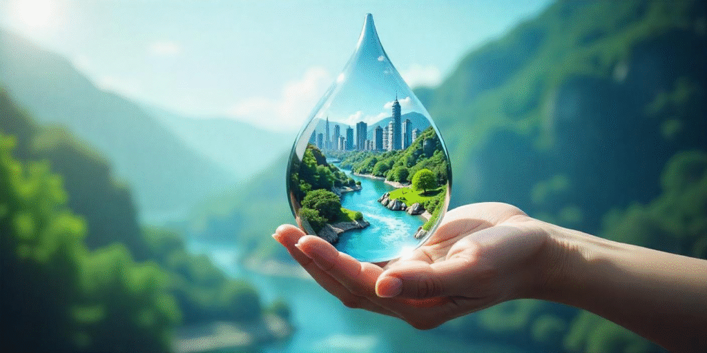 Illustration of a futuristic water droplet containing a clean city, rivers, and nature, held by glowing tech hands — symbolizing EIB’s €15B investment in water security.