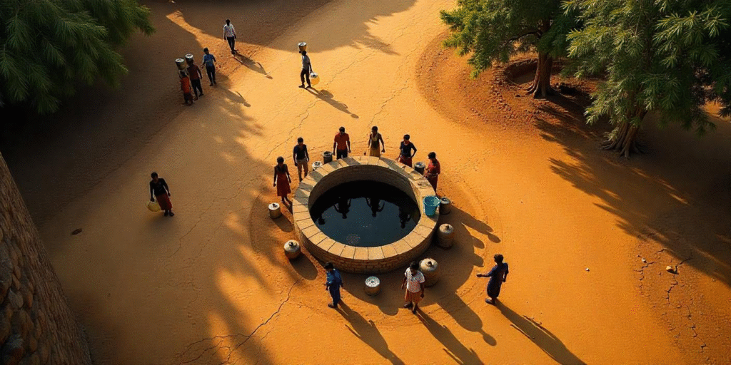 Aerial view of a desert village in India with villagers gathered around a nearly dry well under extreme summer heat.