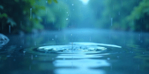 Minimalist illustration of rain falling into calm water with ripples, a clay pot collecting rainwater, and a blurred rooftop water tank in the background, symbolizing monsoon water purity and harvesting.