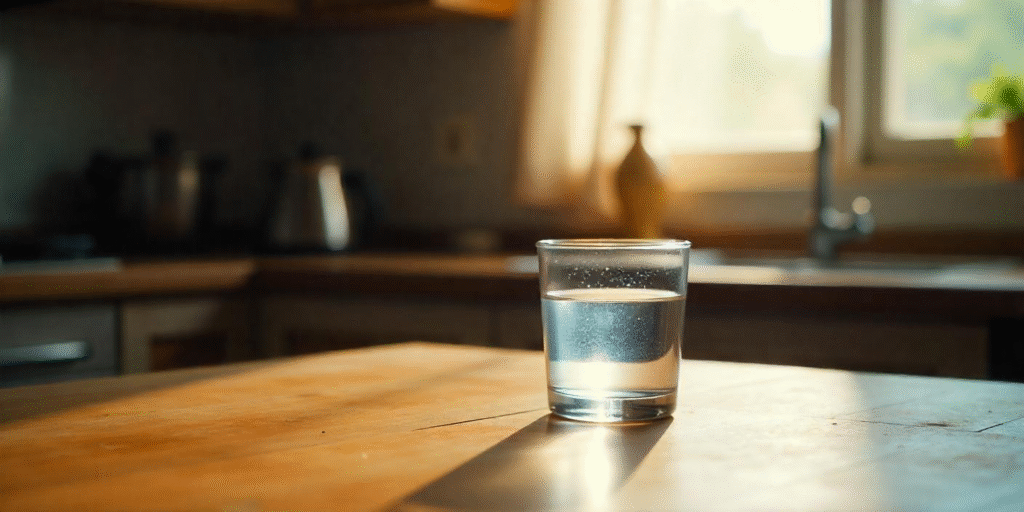 A clear glass of water on a wooden kitchen table in soft natural light, with a blurred, minimal Indian kitchen in the background.