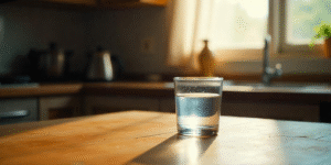 A clear glass of water on a wooden kitchen table in soft natural light, with a blurred, minimal Indian kitchen in the background.