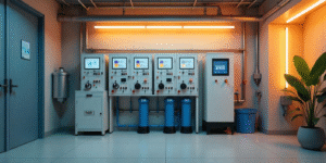 Modern water treatment setup with visible filtration stages, clean pipelines, and transparent water flow in a compact utility room.