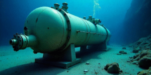 Large deep-sea desalination unit on ocean floor with multiple pipelines, captured by an underwater ROV at 400 meters depth.