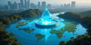 Futuristic water recycling facility in San Antonio creating ripples that transform cities, ecosystems, and industries worldwide, symbolizing global impact.