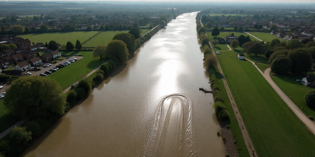 Aerial view of river pollution caused by sewage discharge in a UK countryside, showing brown water flowing from a storm drain into the natural stream.