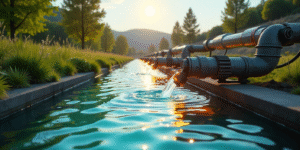 Futuristic wastewater treatment facility with AI-driven systems, advanced filtration, and sustainable water management.