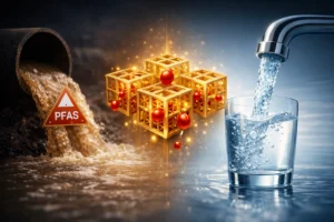 Cinematic before-after PFAS water treatment: contaminated wastewater vs nano-cage filtered drinking water, 2026 breakthrough technology.