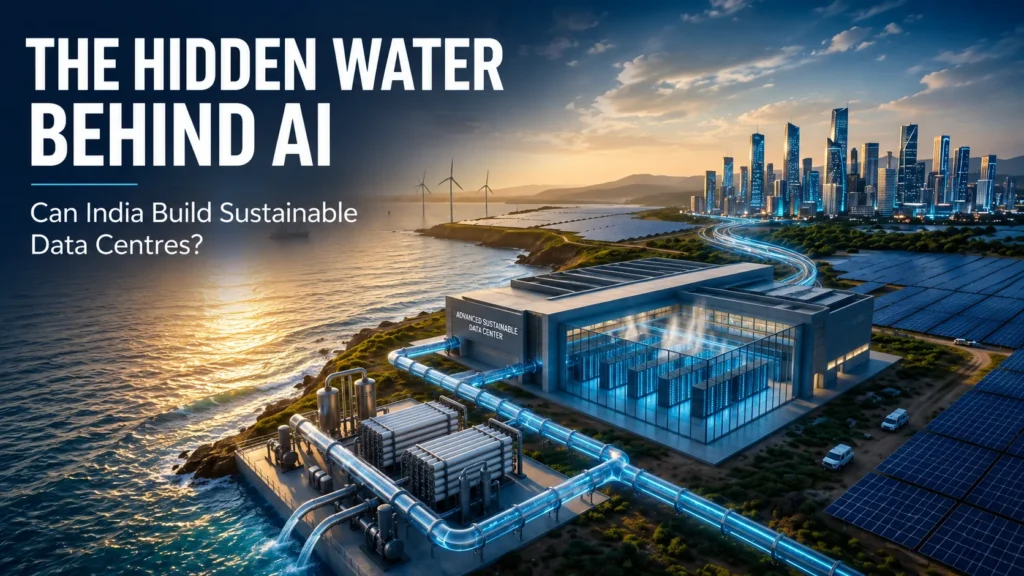 A modern hyperscale data centres in India connected to a seawater desalination plant, showing how advanced water treatment and Reverse Osmosis support sustainable AI and cloud infrastructure.