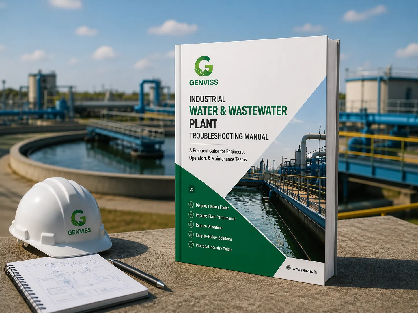 Genviss Industrial Water & Wastewater Plant Troubleshooting Manual displayed with a wastewater treatment plant in the background.