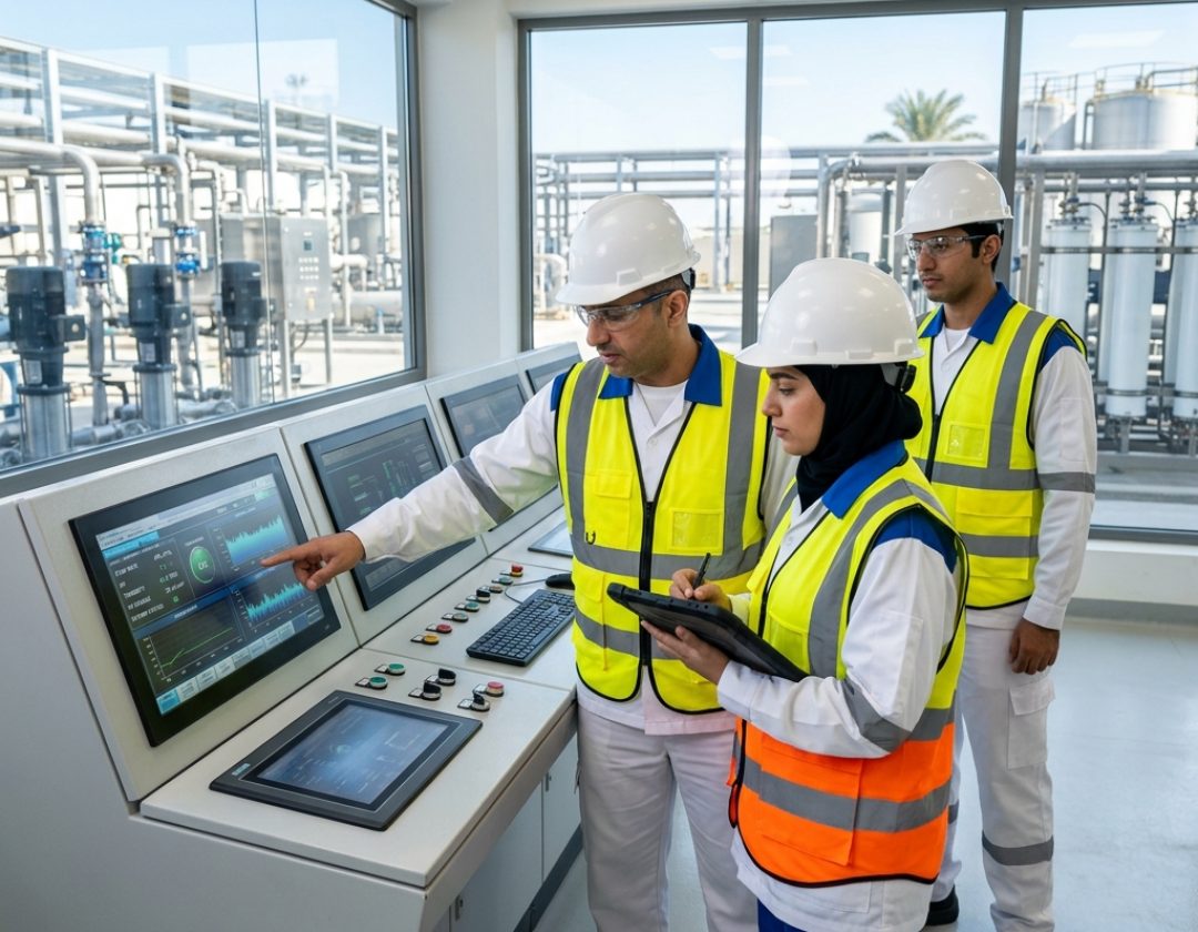 engineering team monitoring industrial water treatment systems